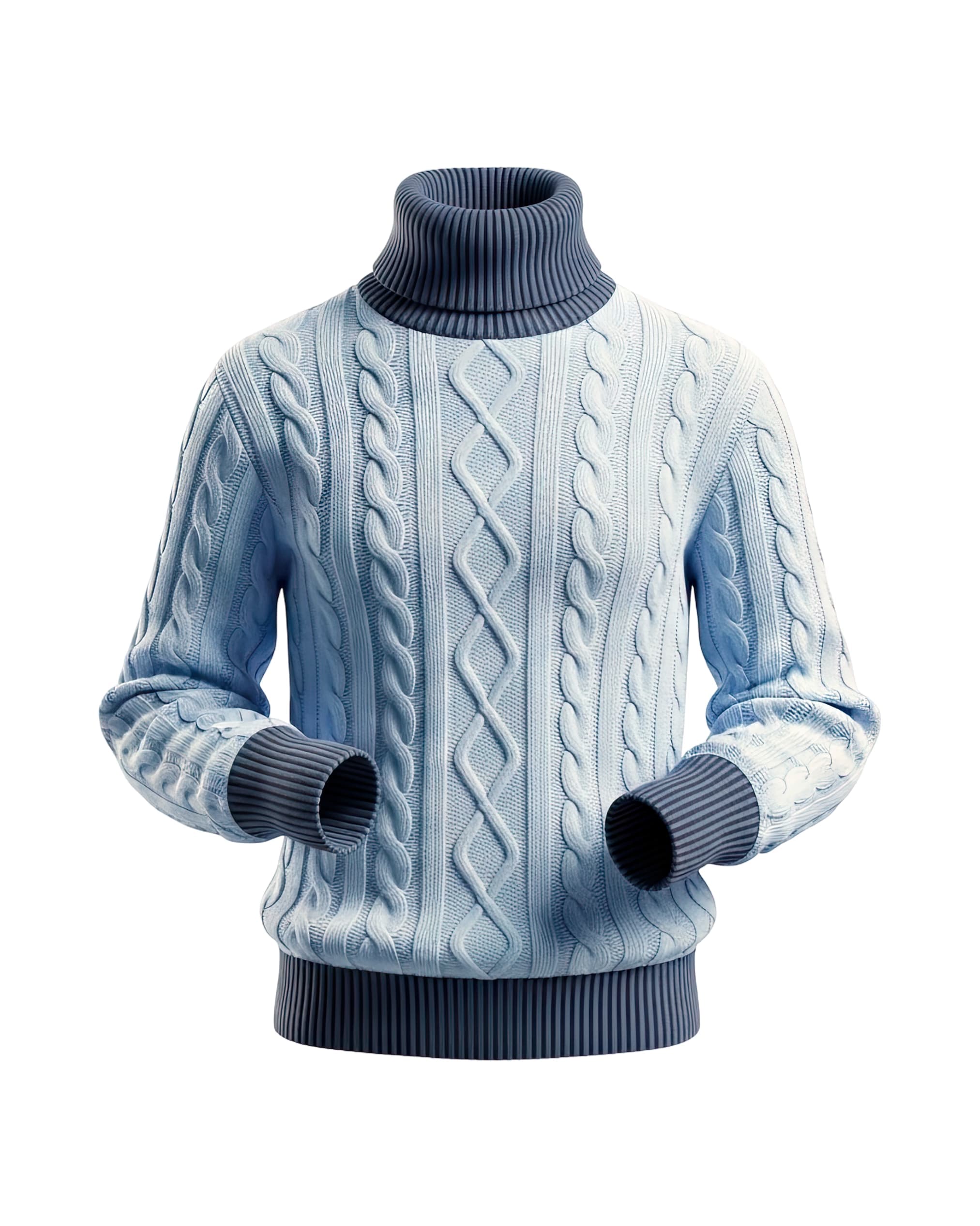 Blue Two-Tone Cable Knit Turtleneck