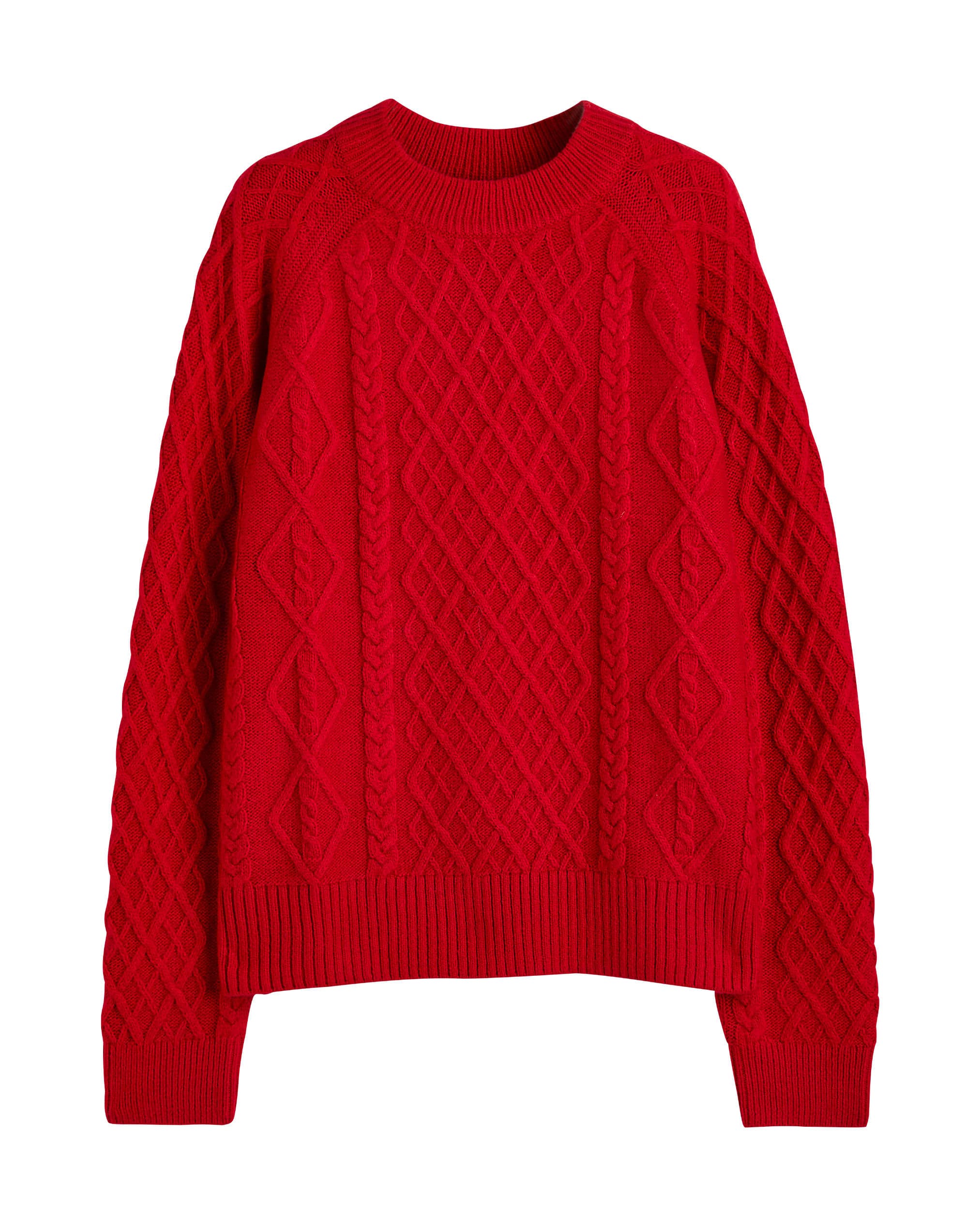 Red Intarsia Diamond Cable Knit Sweater